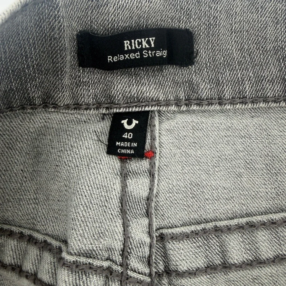 True Religion Ricky Relaxed Straight Gray Jeans Mens 40 Red Stitching